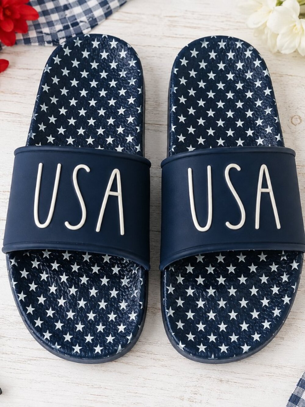 Rae Dunn USA Navy Star Slide Sandals Women’s Size 7 Patriotic NWT